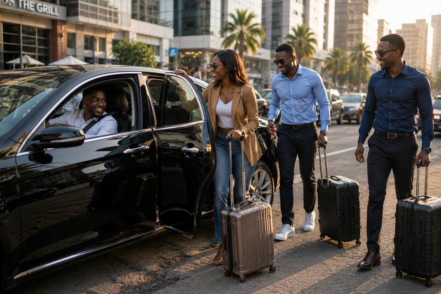 SR2Go car owner smiling as verified passengers arrive with luggage